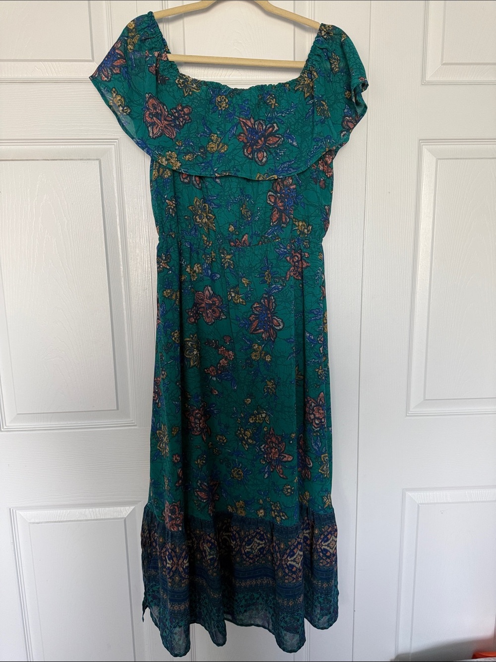 Maurices Teal Green Floral Off-Shoulder Maxi Dress